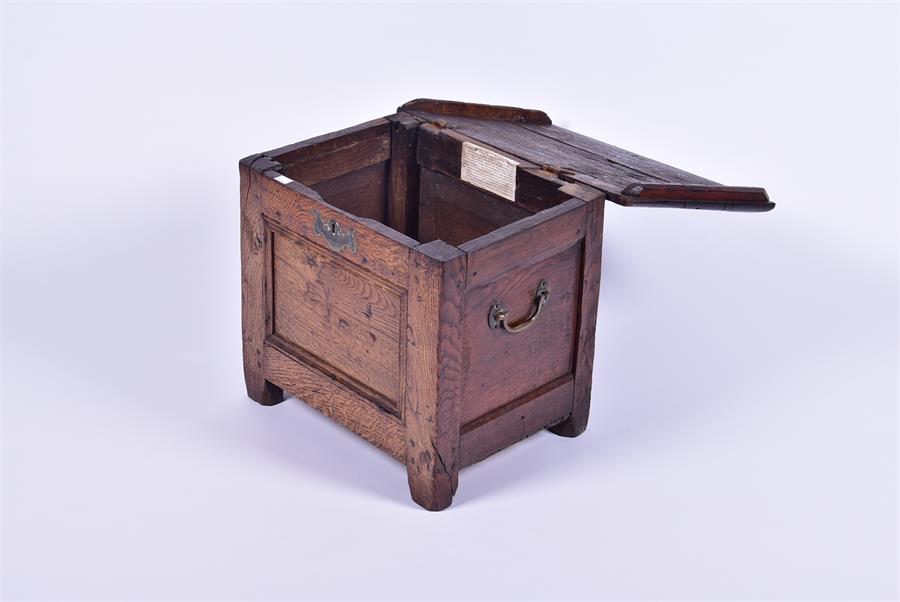 A late 17th century and later oak child's coffer with brass side handles and escutcheon, 52 cm x - Image 4 of 5