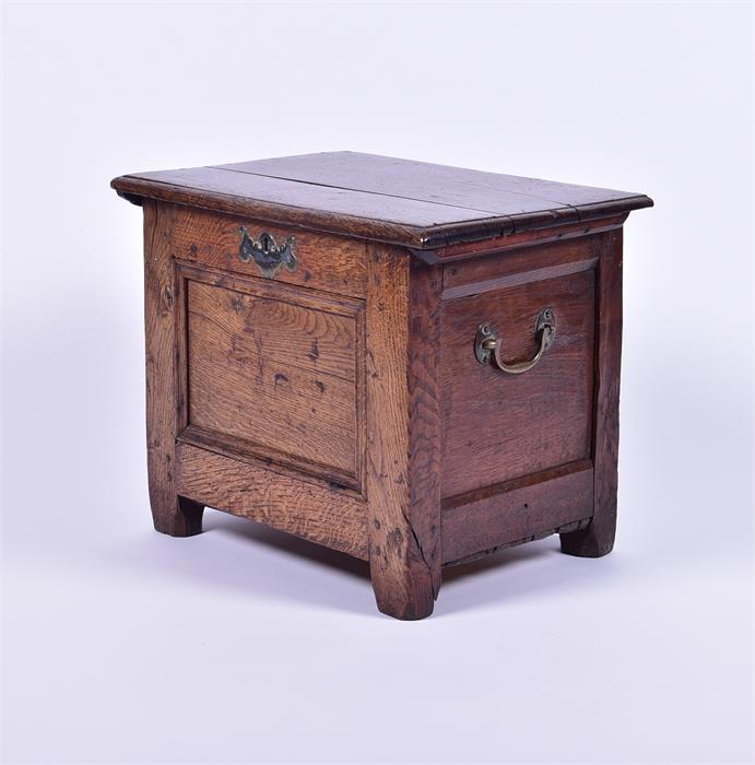 A late 17th century and later oak child's coffer with brass side handles and escutcheon, 52 cm x - Image 3 of 5