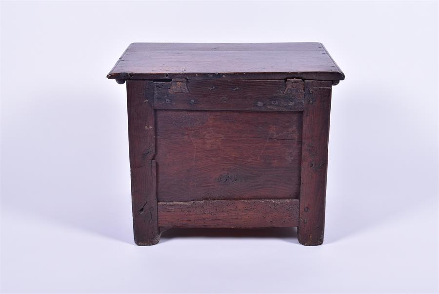 A late 17th century and later oak child's coffer with brass side handles and escutcheon, 52 cm x - Image 2 of 5