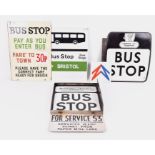 A collection of five mid-20th century enamel bus stop and bus signs comprising examples from