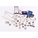 A miscellaneous group of coins and jewellery to include a collection of various silver and white