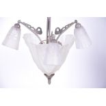 A Deuge Art Deco style three-branch six light chandelier the central faceted pointed frosted glass