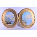 19th century Continental School a pair of oval Alpine landscapes, watercolours, unsigned, each 44 cm