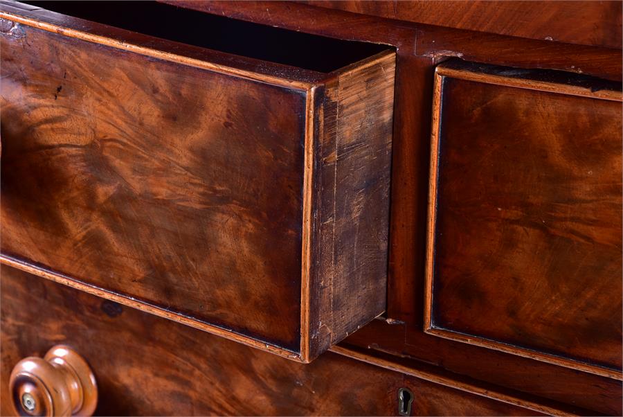 A large flame mahogany bow-front chest  with two short over three long drawers, flanked by faceted - Image 3 of 6