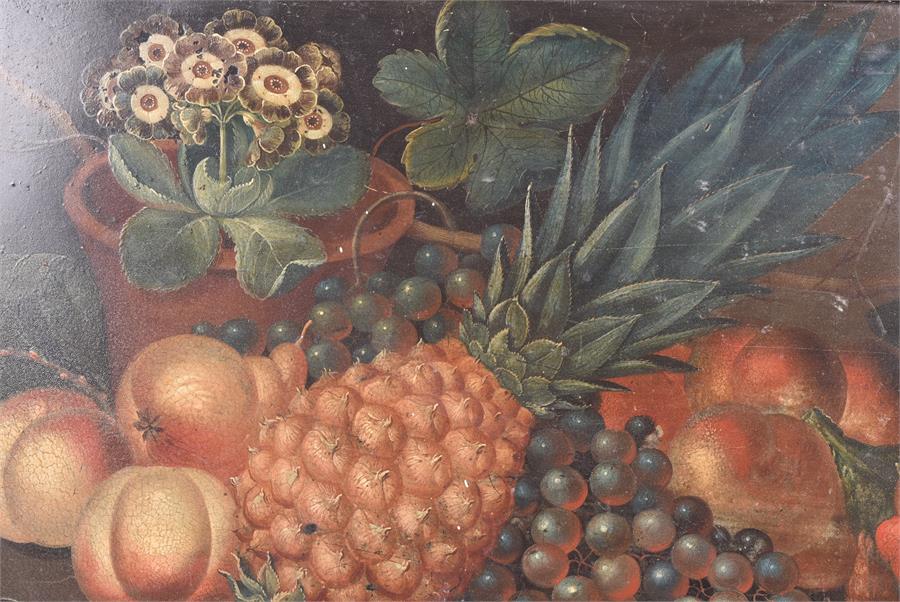 A 19th century Dutch School an exotic summer fruit still life painting, unsigned, oil on tin, within - Image 3 of 4