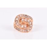 A rose gold and diamond double loop ring the mount inset with old rose-cut diamonds, French