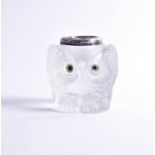 A Barker type glass inkwell with white metal mount in the form of a seated owl with intricate