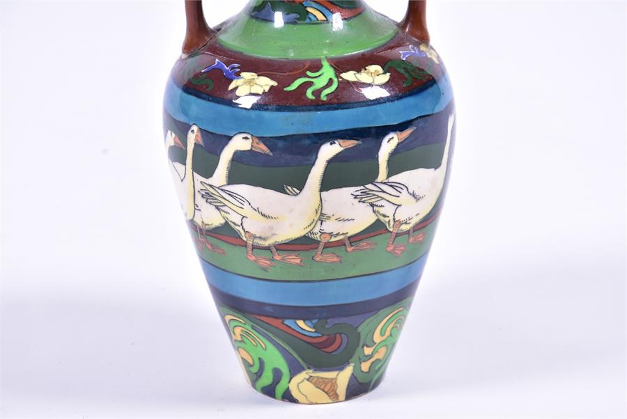 A Frederick Rhead Foley 'Intarsio' pattern pottery vase of ovoid shape with flared rim and twin - Image 3 of 9
