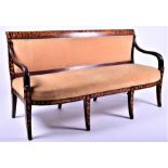 A Regency floral parquetry sofa the back rail with twin foliate-decorated panels, over curved reeded