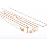 A miscellaneous collection of gold jewellery comprising: four 9ct gold necklaces, AF, three 9ct gold