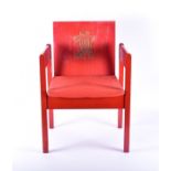 A red painted beech Prince of Wales investiture chair designed by Lord Snowdon for 'Remploy', made