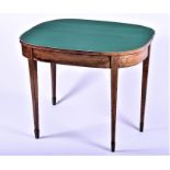 A mahogany and inlaid fold-over card table with green baize to the interior, on tapering legs with