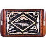 An Edwardian boxwood and butterfly wings inlaid mahogany tray depicting an Oriental landscape,