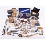 A miscellaneous collection of silver and other items to include a group of silver and white metal