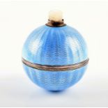 A 20th century Continental blue guilloche enamel bell designed in a spherical shape with mother of