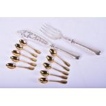 A set of ten French silver gilt coffee spoons with engraved terminals, together with a pair of