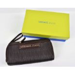 Verscace boxed wallet in chocolate brown with ripple faux leather finish and Versace Jeans logo in