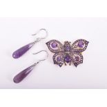 A pair of rose-cut diamond and amethyst drop earrings white metal hooks, 3 cm long (excluding hooks)