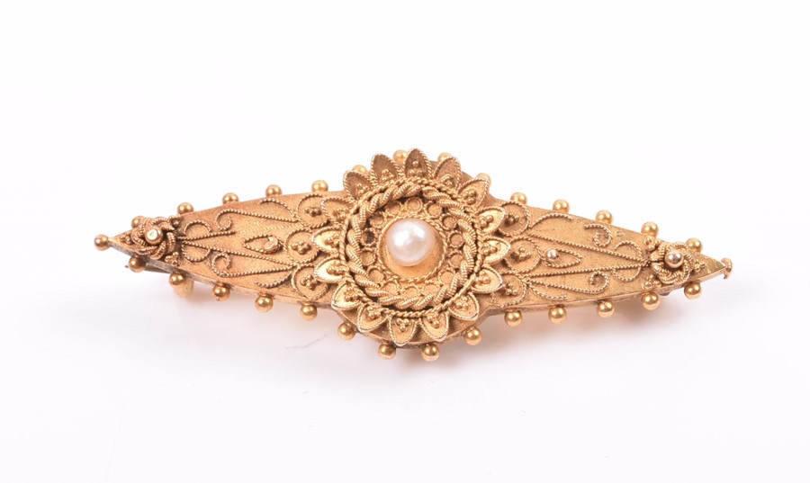 A late 19th / early 20th century yellow metal and pearl brooch with applied filigree decoration, and - Image 5 of 5