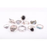 A collection of ten assorted silver rings set with various gem stones, most marked .925.