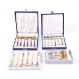 A cased set of six David Andersen enamelled silver teaspoons together with a set of six silver