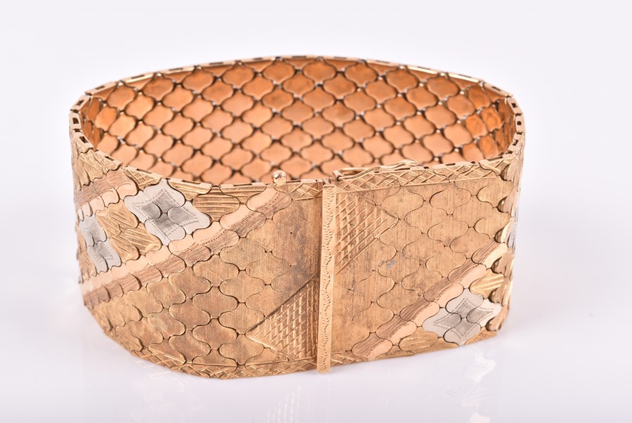 A Continental 18ct yellow, white, and rose gold articulated bracelet of geometric design, with - Image 2 of 7