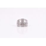 An 18ct white gold and diamond banded ring set with rows of round brilliant-cut and baguette-cut