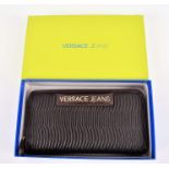 Verscace boxed wallet in chocolate brown with ripple faux leather finish and Versace Jeans logo in