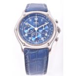 An Ebel 1911 stainless steel automatic chronograph wristwatch the blue dial with white hands and