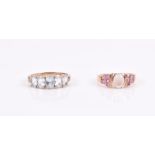 A 9ct yellow gold, pink sapphire, and moonstone ring size L, together with a 9ct yellow gold and