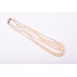 A triple strand pearl necklace approximately 40 cm long, fastened with a 9ct gold and platinum