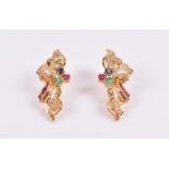 A pair of 18ct yellow gold and gemstone earrings the stylised mounts set with round-cut diamonds,