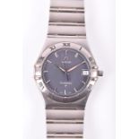 An Omega Constellation stainless steel quartz wristwatch the engine turned grey dial with baton hour
