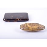 A 19th century horn snuff box and a later tortoiseshell cigarette case the snuff box etched with