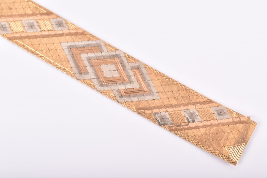 A Continental 18ct yellow, white, and rose gold articulated bracelet of geometric design, with - Image 6 of 7