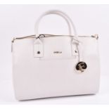 Furla Linda large handbag in Petalo white  finished in saffiano leather with central logo in gold