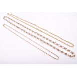 A group of three 9ct yellow gold necklaces of beaded, rope twist and curb link designs. 46 grams. (