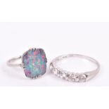 A platinum five stone ring set with CZs, size W, together with a platinum and opal doublet ring. 8.3