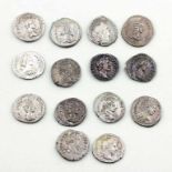 14 antike Münzen, Römische Kaiserzeit, verschiedene Regenten. Sammlung von Denars. Silber. g-ss.