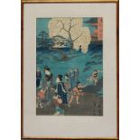 Hiroshige II (1829-1869) Farbholzschnitt. Eine Gruppe von Damen und Kindern bei einem Ausflug, u.