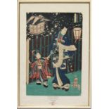 Kuniaki (1836-1890) Farbholzschnitt. Eine lange Schriftrolle lesender, stehender Samurai vor
