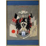 Seidenstickerei, Deutsche Kolonie Qingdao/China. Kaiserliches Wappen mit Fahnen und Foto des
