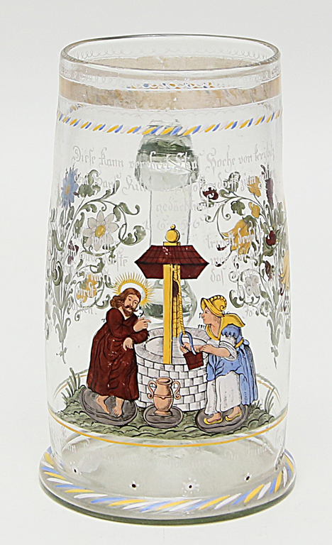 Heckert, Fritz, wohl Großer Henkelkrug im Barockstil. Farbloses Glas. Tönnchenform mit