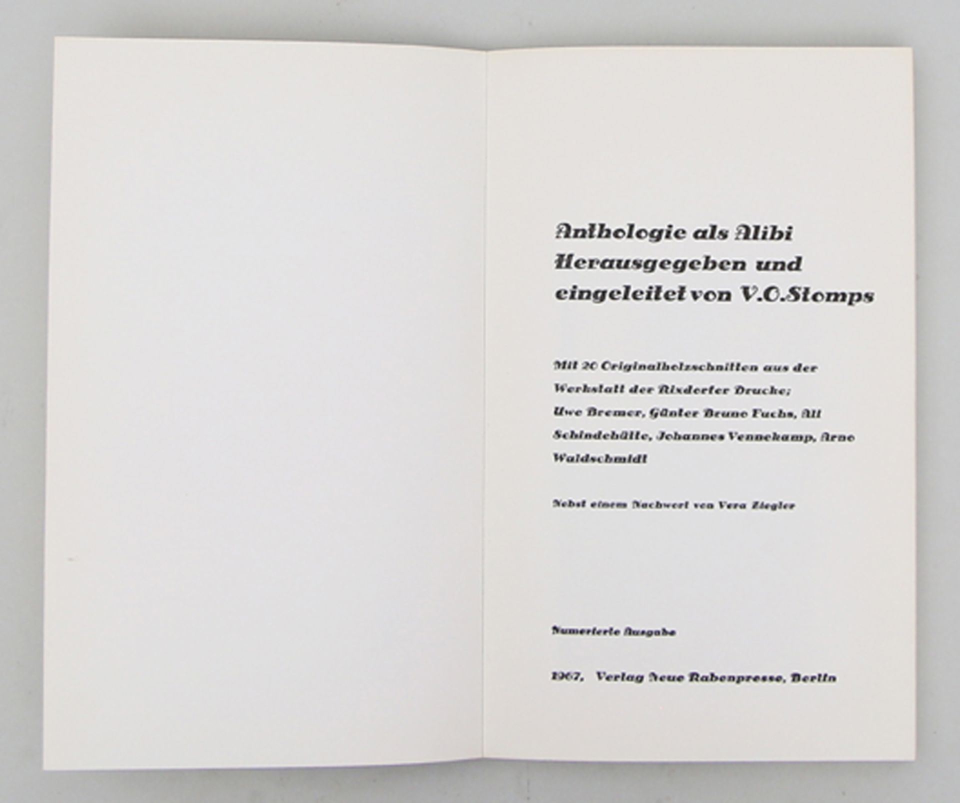 Stomps, Otto und Neue Rabenpresse "Anthologie als Alibi", 80 S. mit 20 Original-Holzschnitten von