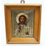 Ikone (Russland, 19. Jh.)Christus Pantokrator. Eitempera/Holztafel und versilbertes Messingoklad. 22