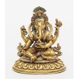 Skulptur des Ganesha auf Lotussockel mit Ratte.Feuervergoldete Bronze, Besatz von