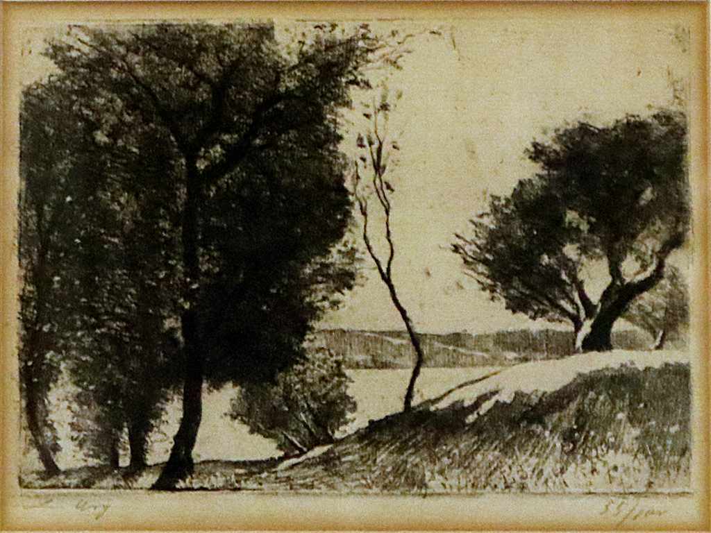 Ury, Lesser (1861 Birnbaum-Berlin 1931)"Baumbestandenes Ufer am märkischen See". Radierung/Velin (