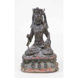 Ming-Skulptur des Bodhisattva Guanyin.Bronze. Schwarz-braune Patina, Reste von Feuervergoldung und