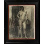 Bourdelle, Emile (Anf. 20. Jh.)Stehender, weiblicher Akt in einem Atelier. Kohlezeichnung/Papier (