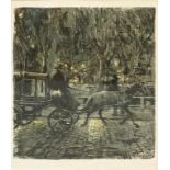 Skarbina, Franz (1849 Berlin 1910)Nächtliche Ansicht einer Droschke im Regen. Lithographie, teils